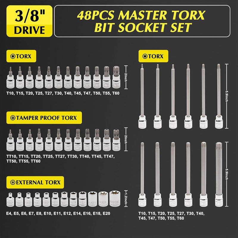 EMENTOL 48PCS 3/8"Dr. Master Torx Bit Socket Set, CR-V, S2 Steel, 5.9" Length Star Bit Socket Set, E4 -E20, T10-T60, TT10-TT60 - Image 2